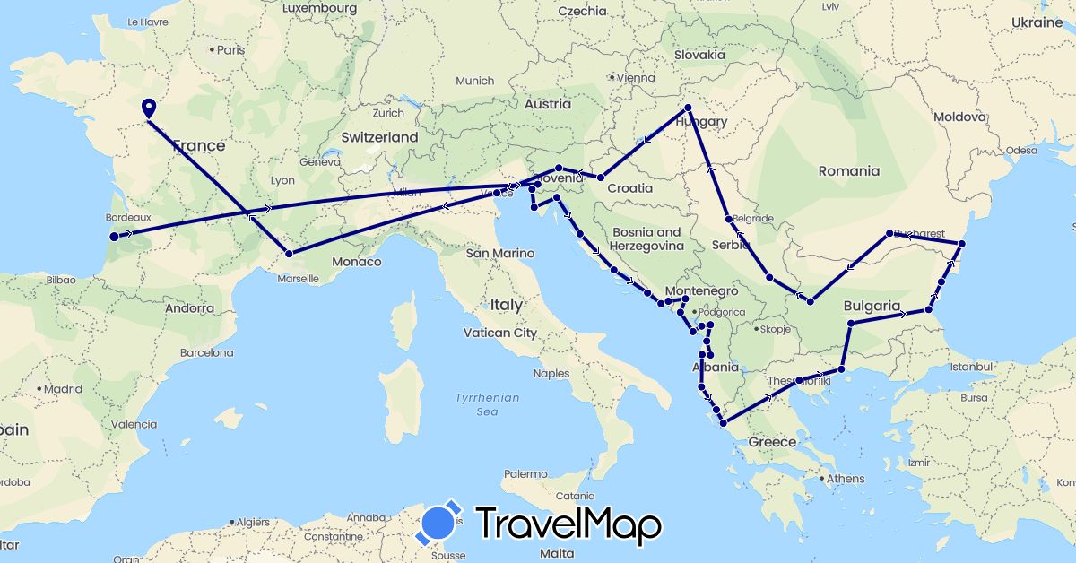TravelMap itinerary: driving in Albania, Bosnia and Herzegovina, Bulgaria, France, Greece, Croatia, Hungary, Italy, Montenegro, Romania, Serbia, Slovenia (Europe)